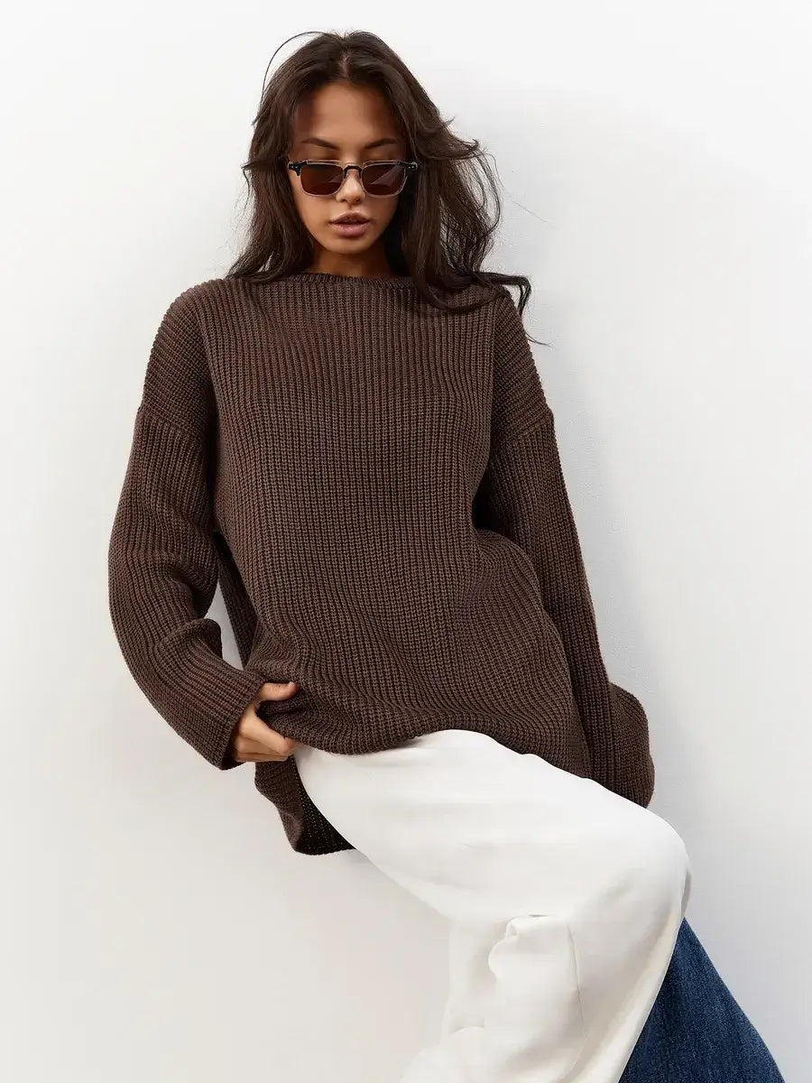 Zara Sweater by Lauven - Oversized chocolate brown knit pullover with crew neck and ribbed texture.