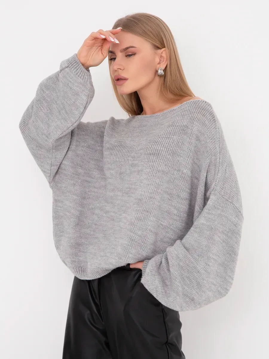 Mist Sweater by Lauven - Oversized women’s knit sweater in soft grey with boat neckline, perfect for winter comfort.