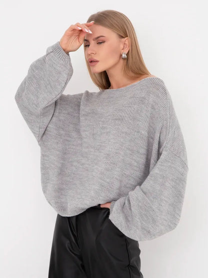 Mist Sweater by Lauven - Oversized women’s knit sweater in soft grey with boat neckline, perfect for winter comfort.