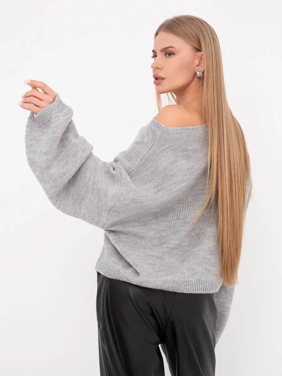 Mist Sweater by Lauven, oversized women's knit sweater in soft grey with boat neck, perfect for fall and winter style.