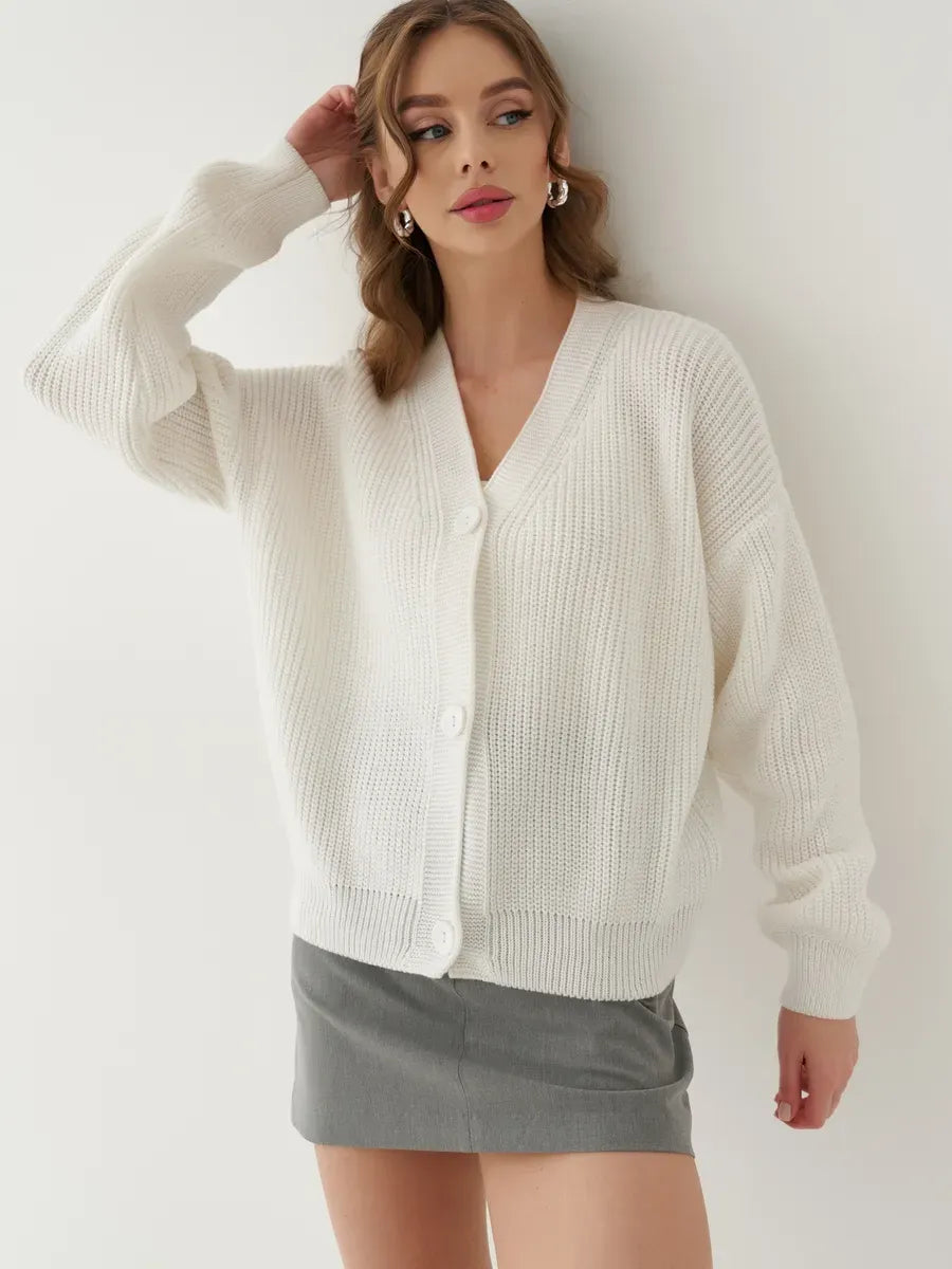 Pearl Cardigan by Lauven, chic oversized button-front knitwear in white, perfect for a cozy and stylish look.