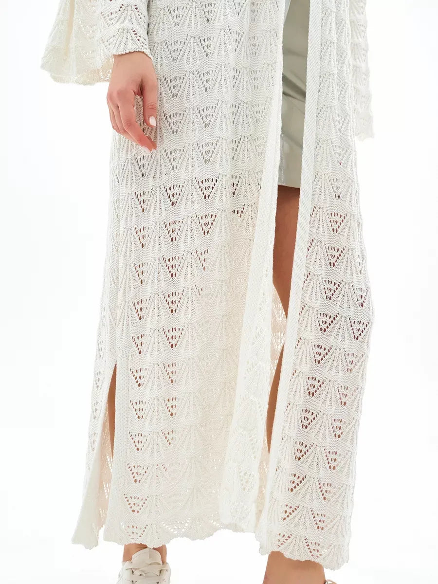 Pearl Cardigan by Lauven, lightweight openwork summer cardigan in creamy white with intricate lace patterns.
