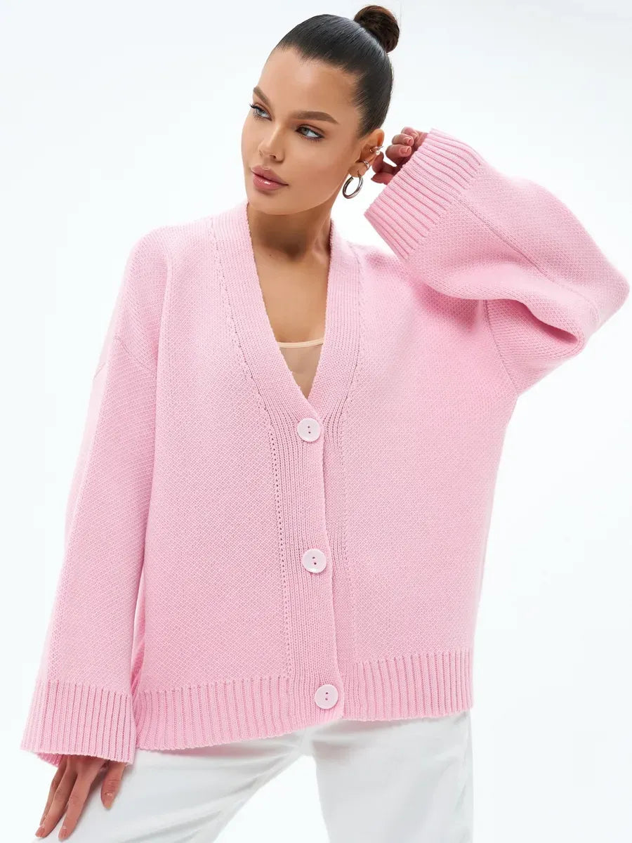Petal Cardigan by Lauven – Soft pastel oversized knitwear with button closure for women.