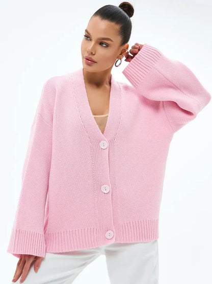 Petal Cardigan by Lauven – Soft pastel oversized knitwear with button closure for women.