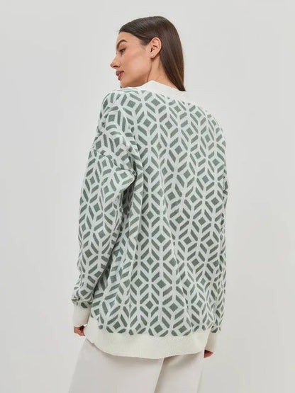 Pistachio Cardigan by Lauven, featuring a geometric pattern, lightweight knitwear for stylish comfort.