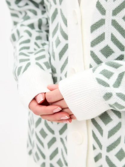 Pistachio Cardigan by Lauven, detailed view showcasing intricate pattern and relaxed fit, perfect for women.