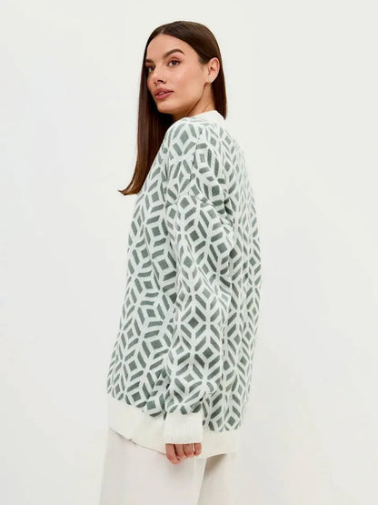 Pistachio Cardigan by Lauven featuring a stylish geometric pattern in light green and white, perfect for layering.
