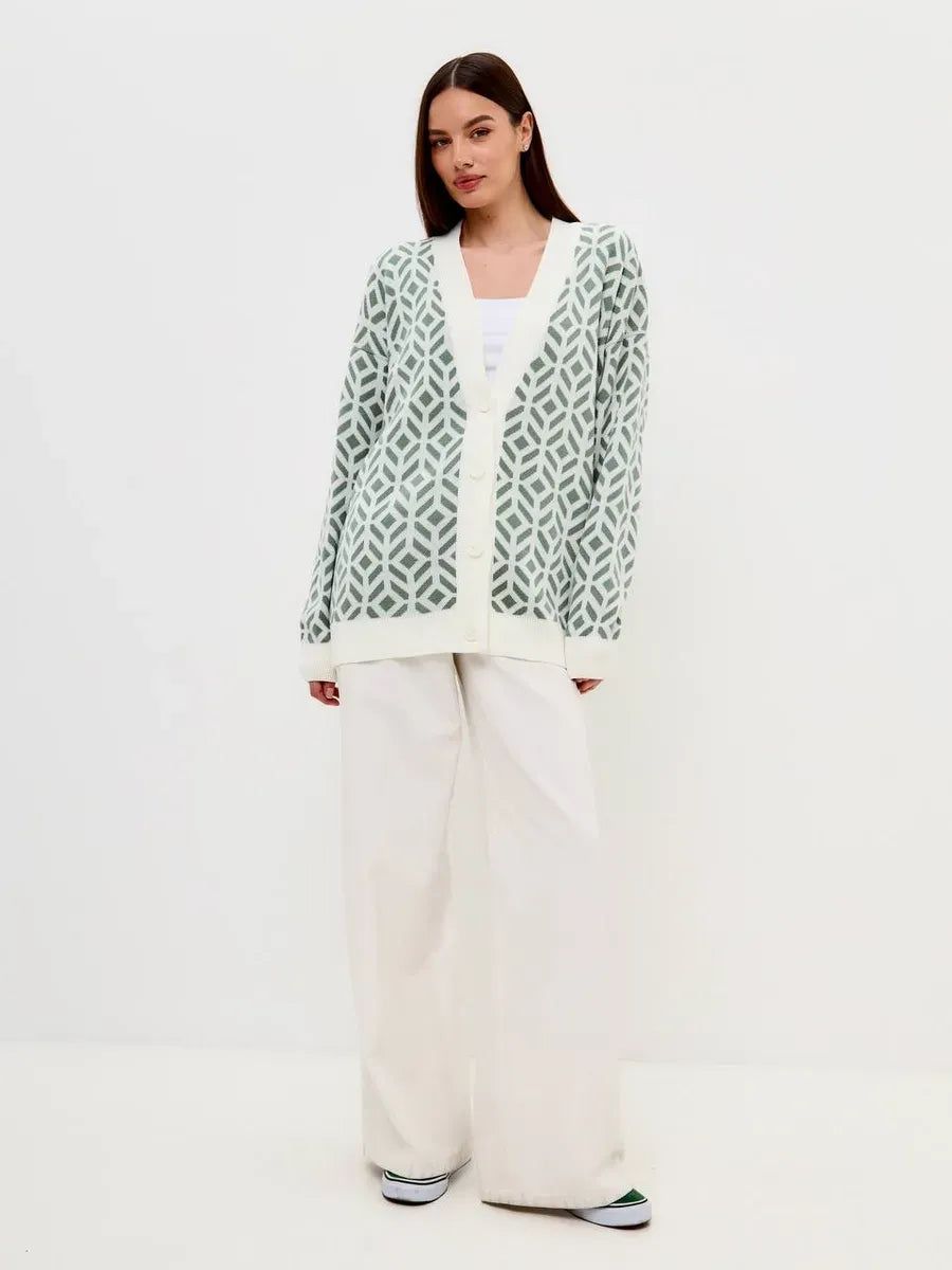 Pistachio Cardigan by Lauven, lightweight longline acrylic knitwear featuring a stylish geometric pattern.