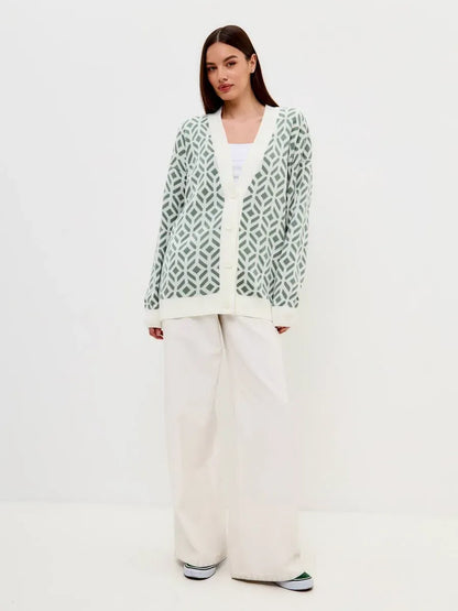 Pistachio Cardigan by Lauven, lightweight longline acrylic knitwear featuring a stylish geometric pattern.