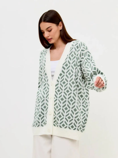 Pistachio Cardigan by Lauven — Lightweight acrylic knitwear in milk and pistachio green with geometric pattern.