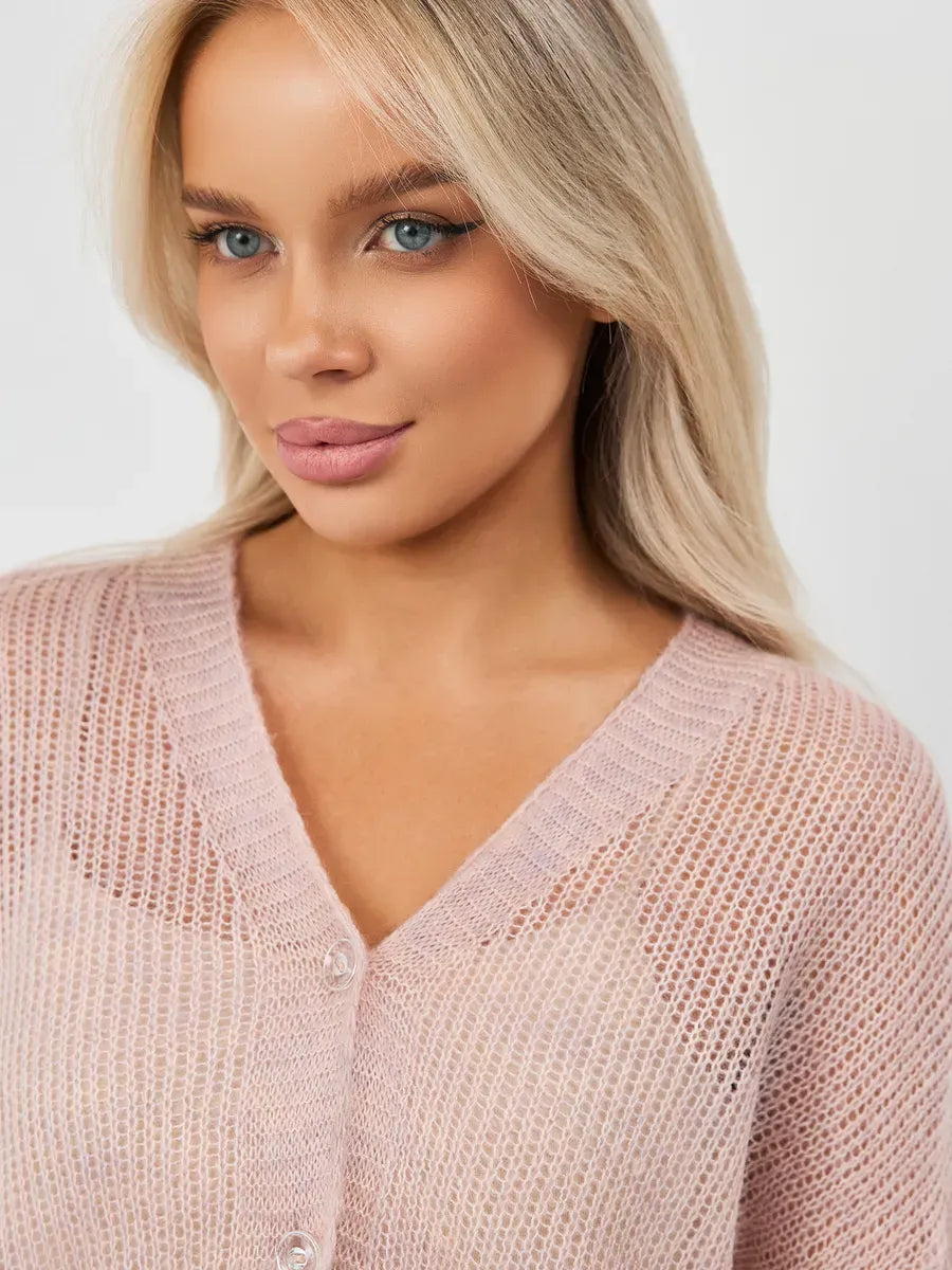 Rose Cardigan by Lauven, featuring oversized mohair-blend knitwear in soft pink with a modern cropped silhouette.