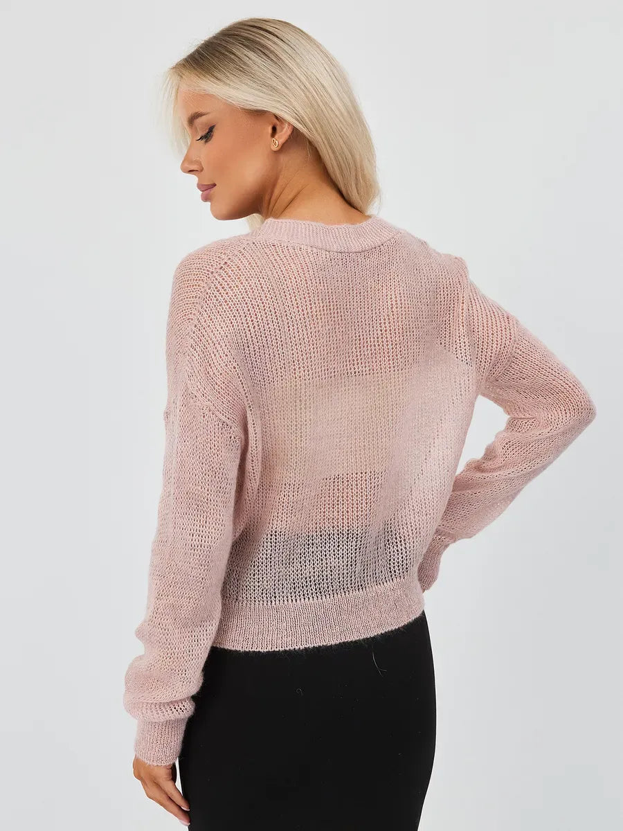 Rose Cardigan by Lauven — Oversized mohair-blend knitwear in soft pink, showcasing a semi-transparent back.
