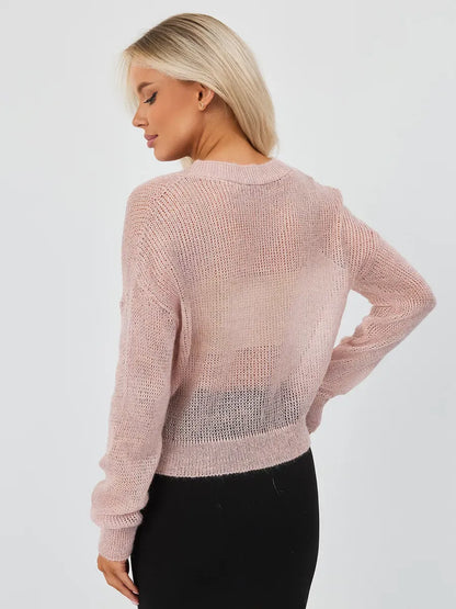 Rose Cardigan by Lauven — Oversized mohair-blend knitwear in soft pink, showcasing a semi-transparent back.