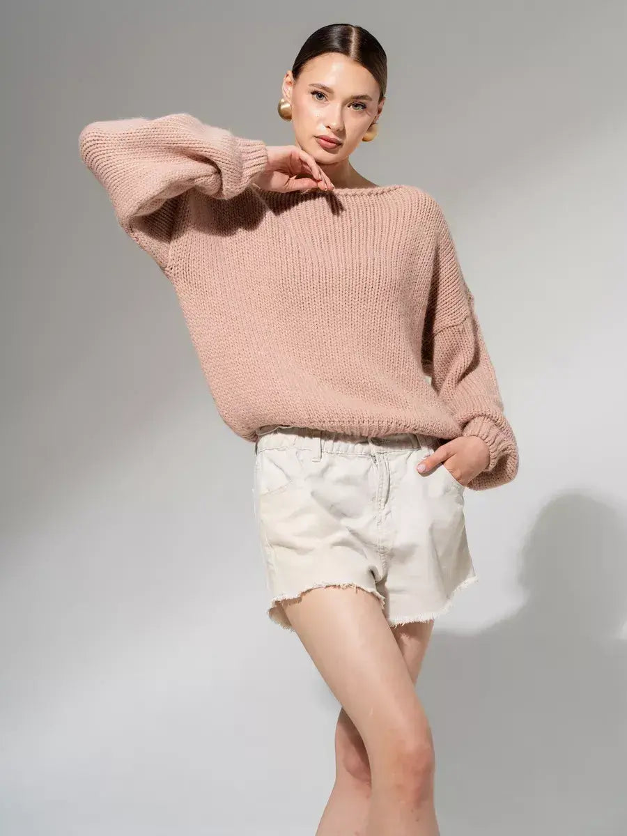 Rosea Sweater by Lauven, oversized off-shoulder knit in powder pink, perfect for fall and winter styling.