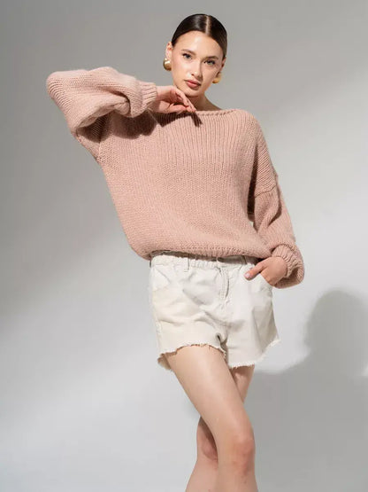 Rosea Sweater by Lauven, oversized off-shoulder knit in powder pink, perfect for fall and winter styling.