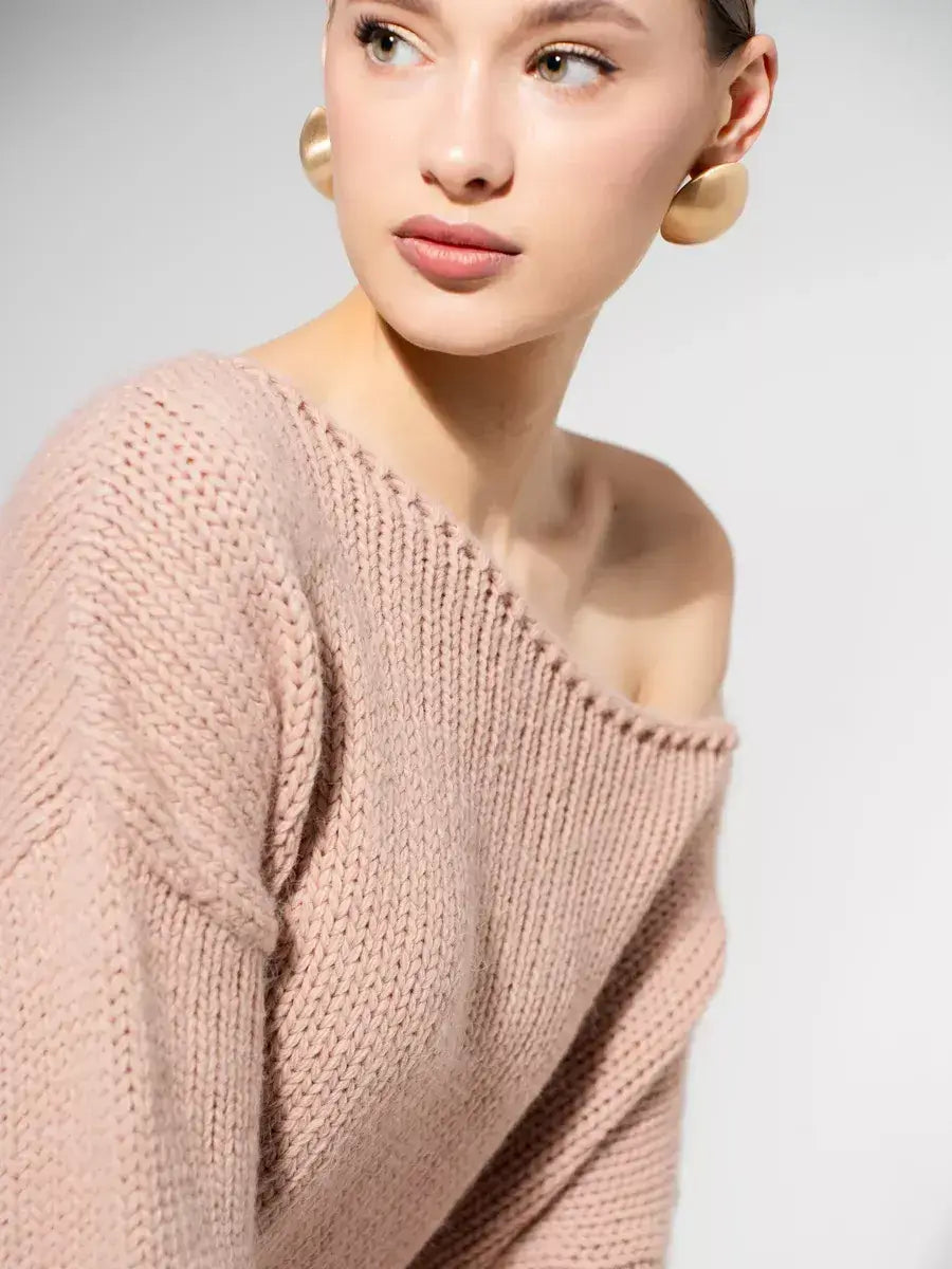 Rosea Sweater by Lauven — Oversized off-shoulder knit in soft powder pink, perfect for fall and winter.