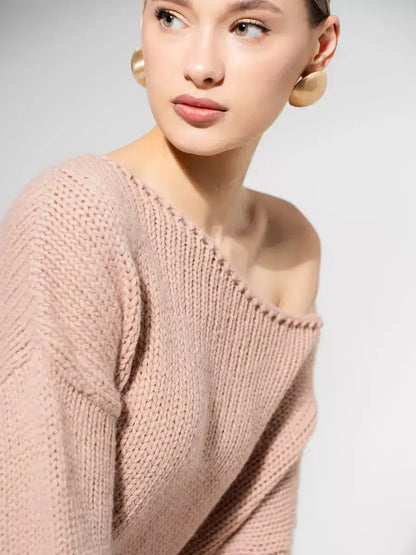 Rosea Sweater by Lauven — Oversized off-shoulder knit in soft powder pink, perfect for fall and winter.