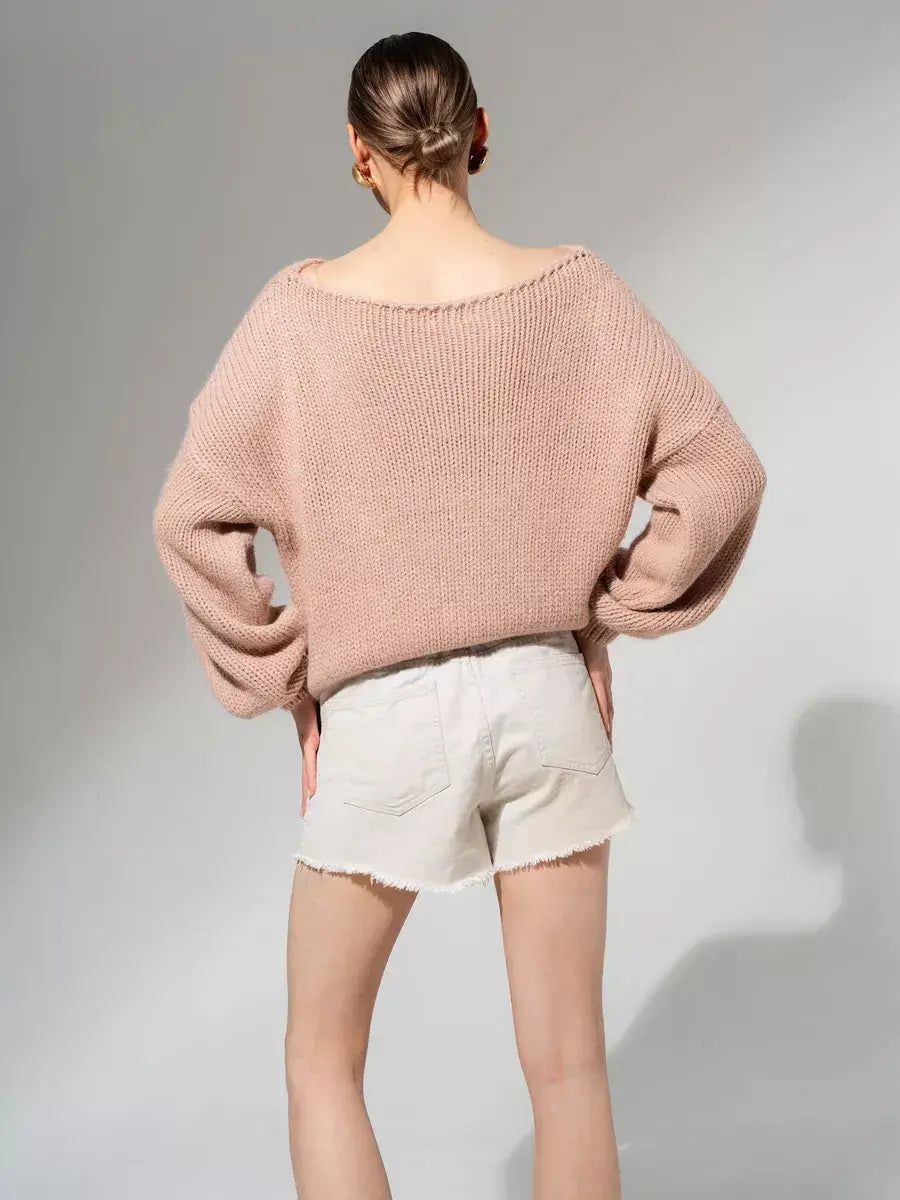 Rosea Sweater by Lauven, oversized off-shoulder knit in soft powder pink, perfect for fall and winter fashion.