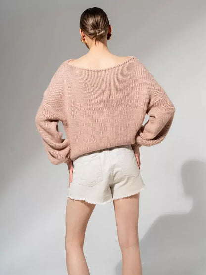 Rosea Sweater by Lauven, oversized off-shoulder knit in soft powder pink, perfect for fall and winter fashion.