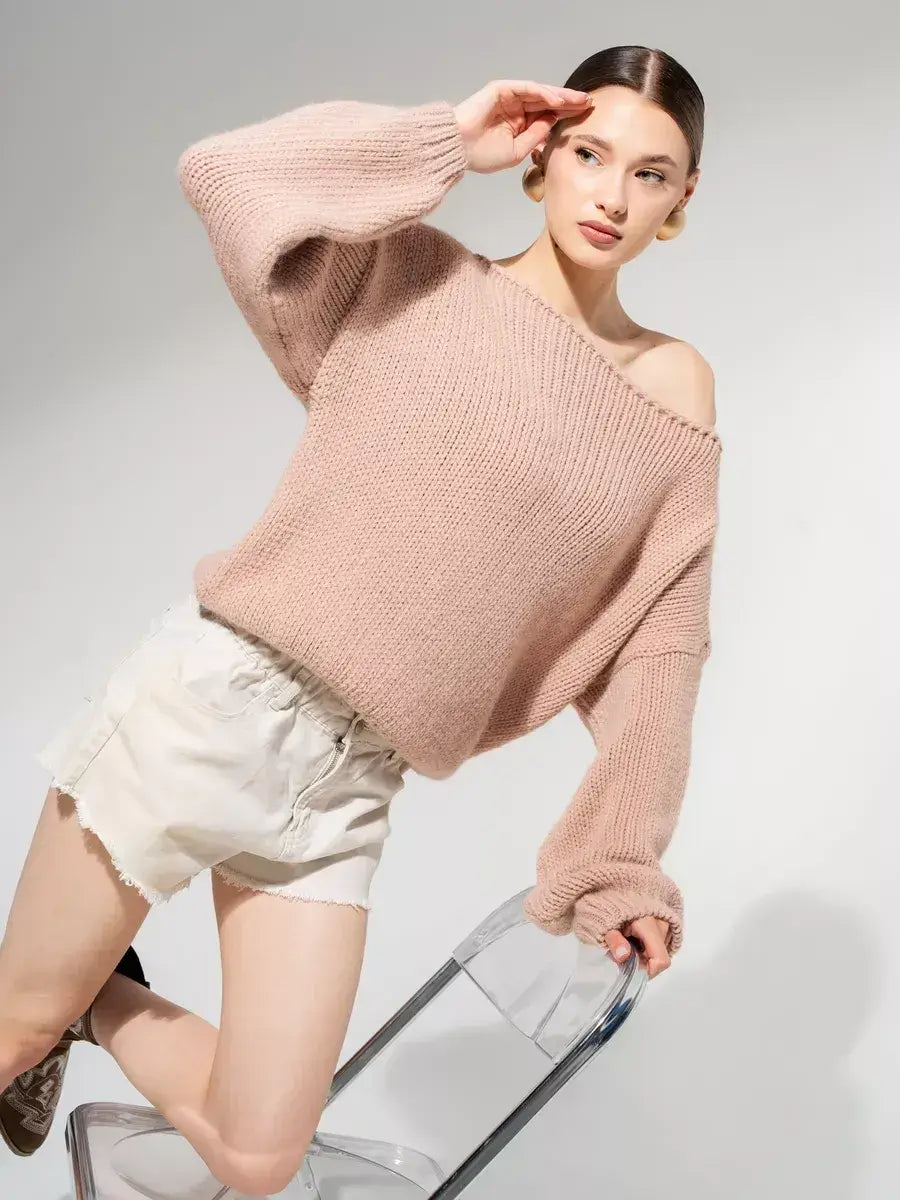 Rosea Sweater by Lauven - Off-shoulder oversized knit in powder pink, perfect for fall and winter.