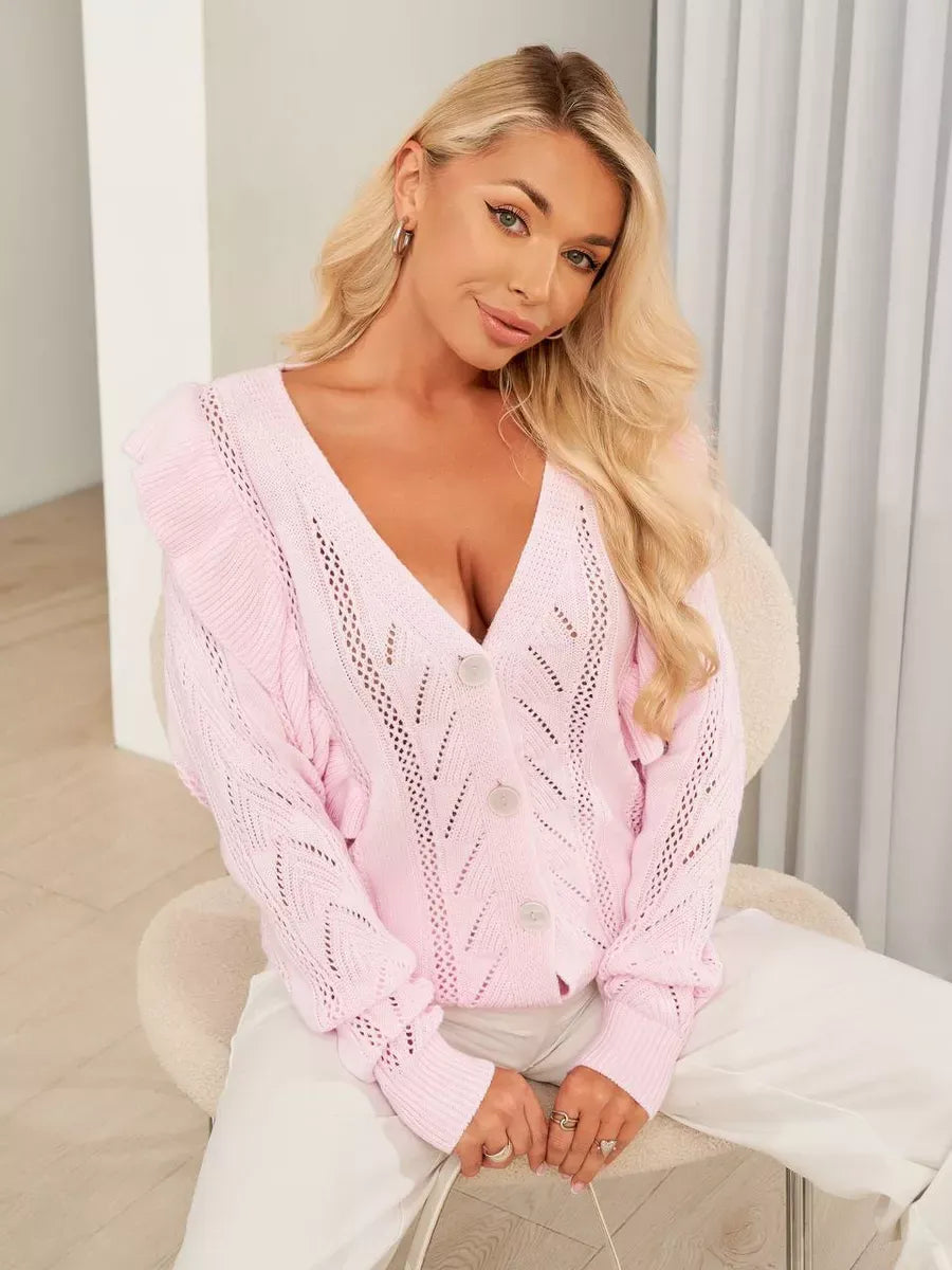 Roselle Cardigan by Lauven - Long pink knit with ruffles and button closure, perfect feminine layering piece.