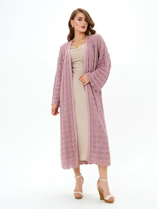 Rosemary Cardigan by Lauven in soft pink, lightweight openwork knit, perfect for summer layering.