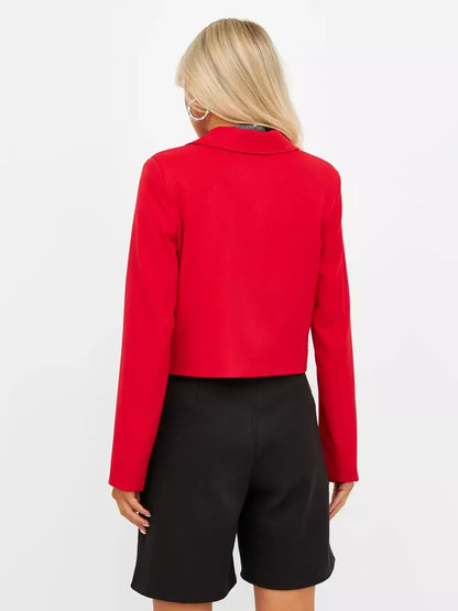 Ruby Blazer by Lauven in vibrant red, showcasing a cropped tailored fit and elegant style from the back.