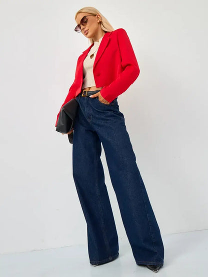 Ruby Blazer by Lauven, cropped tailored red blazer worn with wide-leg jeans for stylish versatility.