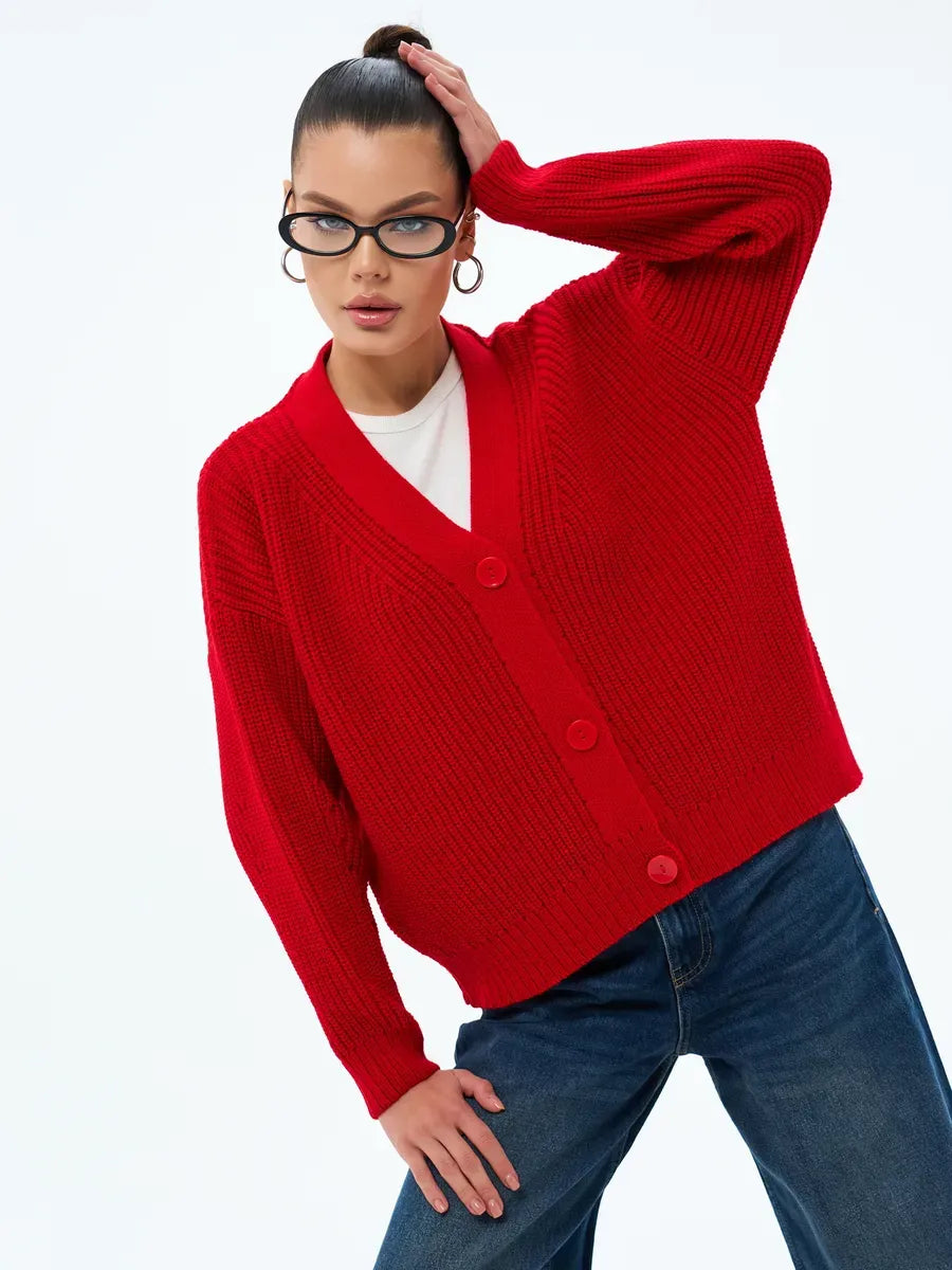 Ruby Cardigan by Lauven - oversized cropped knitwear with button closure in vibrant red color