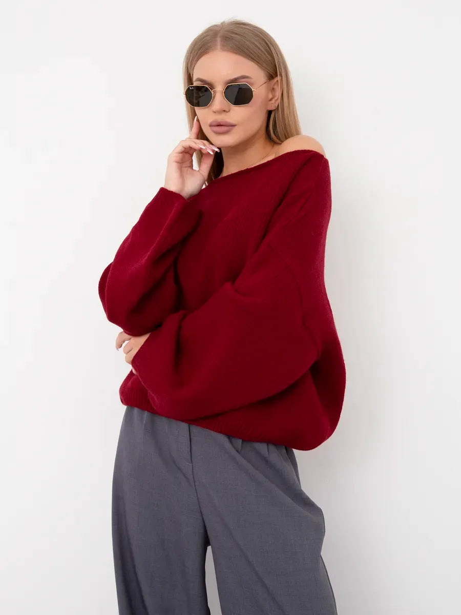 Lauven Ruby Sweater - Oversized women’s knit sweater in deep ruby red with boat neck and stylish silhouette