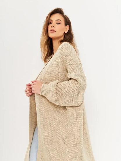 Sable Cardigan by Lauven, long oversized knitwear coat in soft beige for stylish autumn layering.