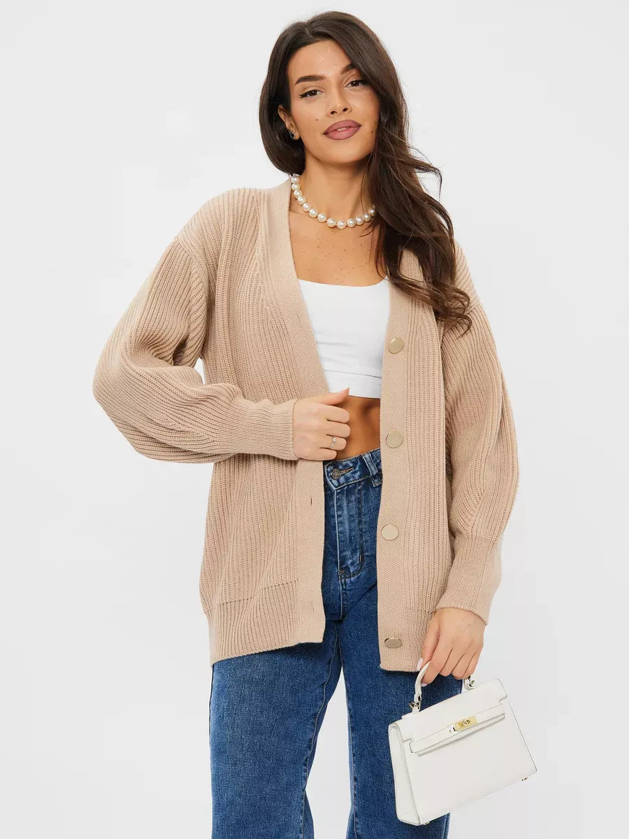 Lauven Sandstone Cardigan - Oversized wool blend knitwear in beige, perfect for cozy style and comfort.