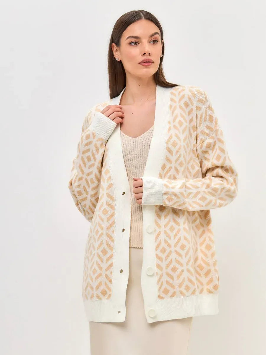 Sandy Cardigan by Lauven, a stylish longline acrylic knitwear in soft beige with geometric print.