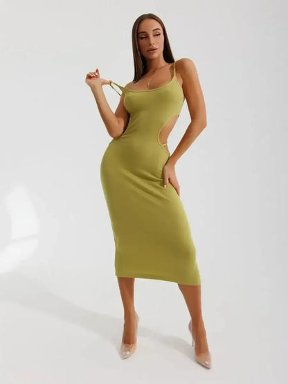 Lauven Sculpt Cutout Midi Dress in pistachio color, featuring side cut-outs and a fitted silhouette.