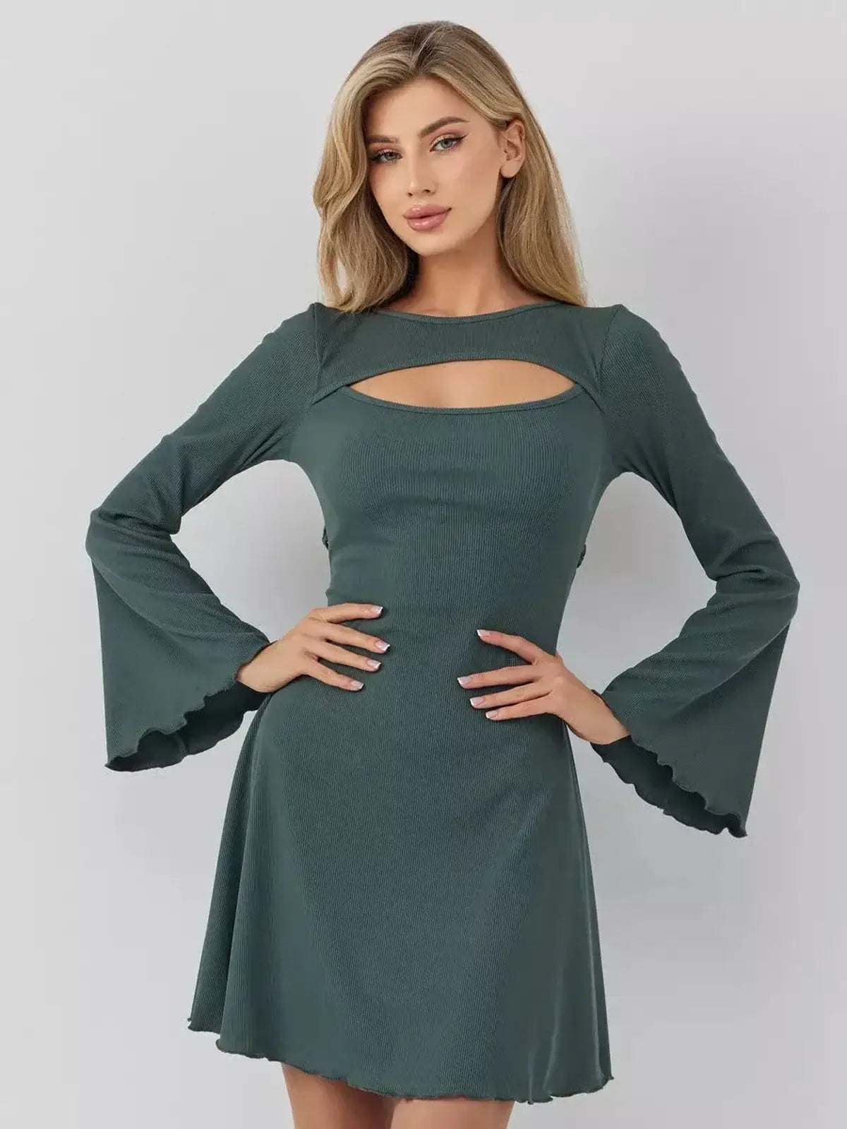 Sculpt Flare dark olive mini dress by Lauven featuring bell sleeves and a cut-out neckline.
