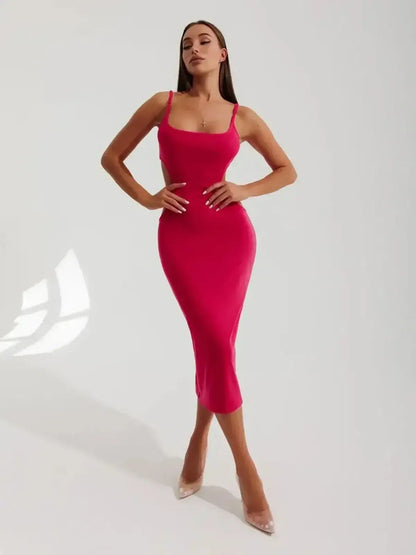 Sculpt Midi Dress by Lauven – Contour cutouts and luxe ribbed knit in a vibrant pink bodycon silhouette.