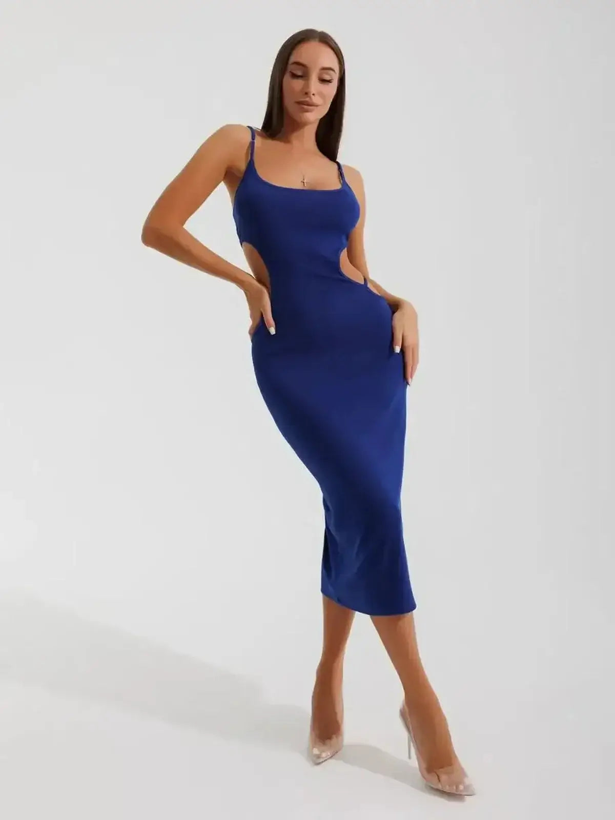 Sculpt Midi Dress by Lauven in vivid cornflower blue showcasing side cutouts and a form-fitting silhouette.