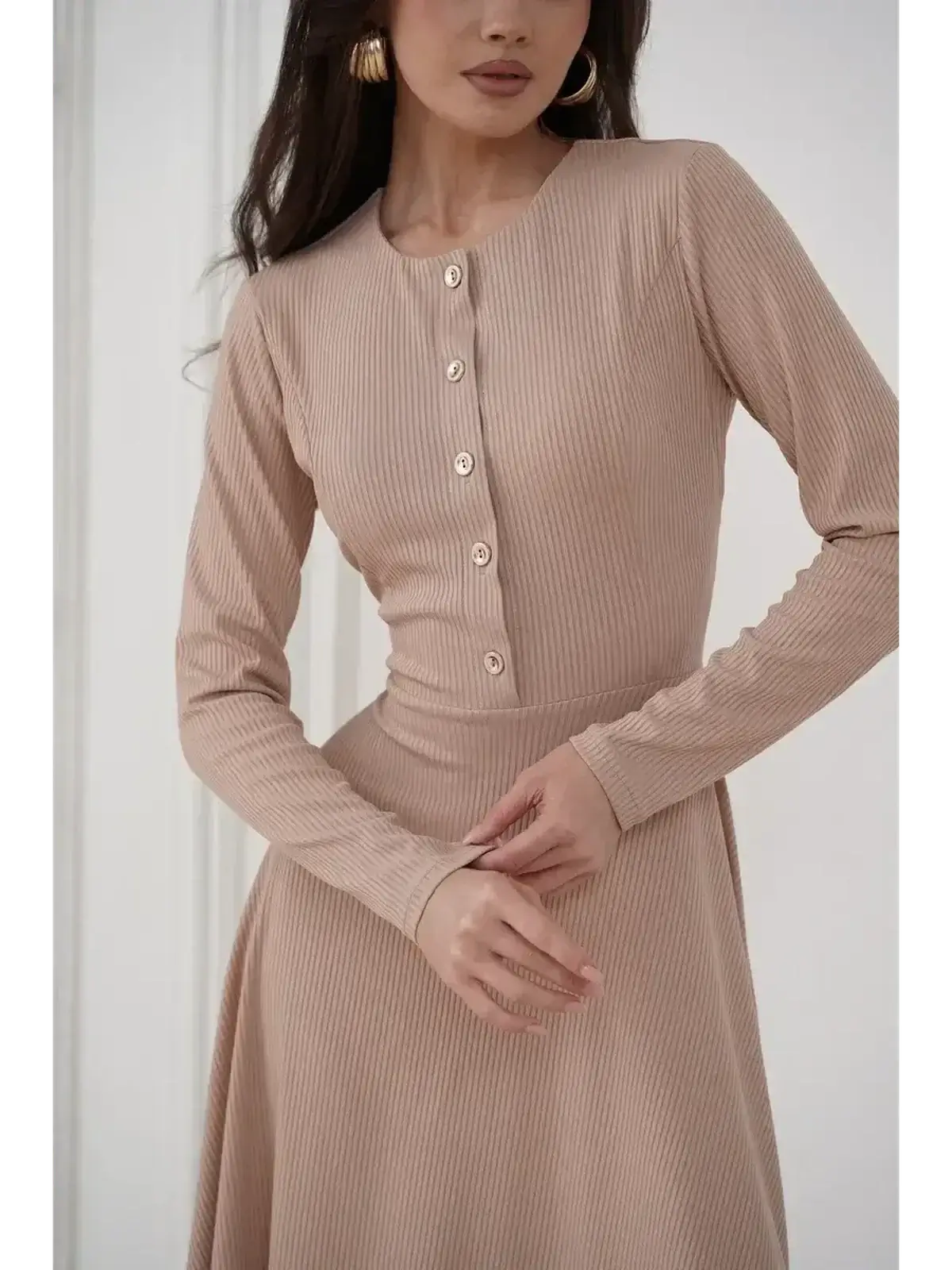 Sculpted Ease Midi Dress by Lauven featuring ribbed knit elegance and gold-tone button accents.