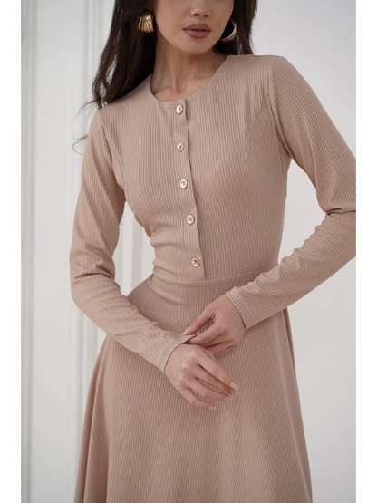 Sculpted Ease Midi Dress by Lauven featuring ribbed knit fabric and gold-tone button accents in a smooth beige hue.