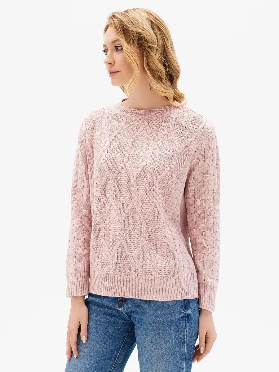 Seren Sweater by Lauven in powder pink featuring cable knit sleeves and textured front, perfect for modern women's wardrobe.