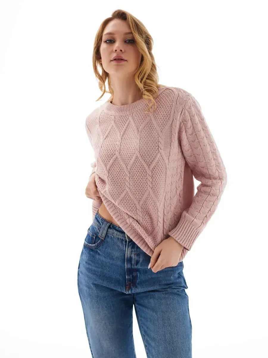 Seren Sweater by Lauven in powder pink wool-acrylic, featuring cable knit sleeves and textured front.