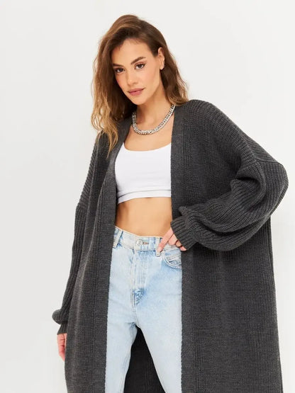 Shadow Cardigan by Lauven, a chic oversized knitwear coat in deep gray, perfect for stylish layering.