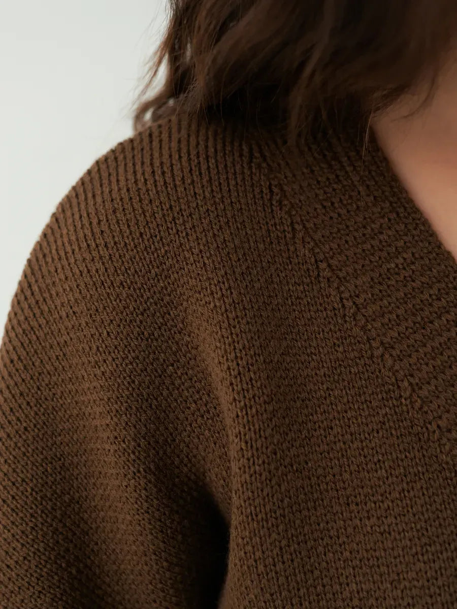 Siena Cardigan by Lauven - Cropped chocolate brown knit detail with wide sleeves.