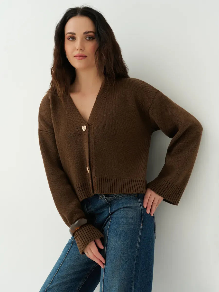 Siena Cardigan by Lauven in cropped chocolate brown knit with heart buttons, stylish and cozy for all seasons.
