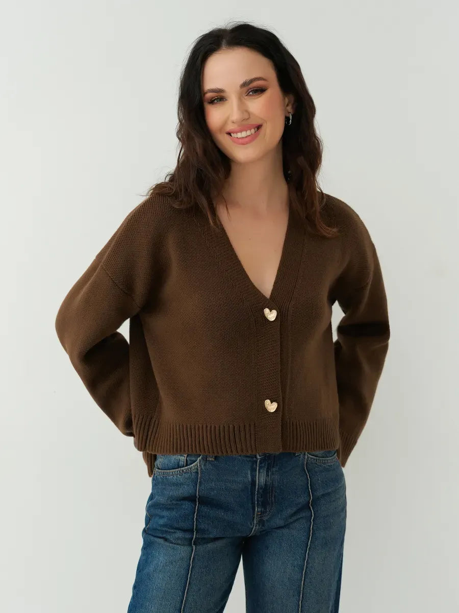 Siena Cardigan by Lauven, cropped chocolate brown knit with heart buttons for women, stylish and cozy layering.