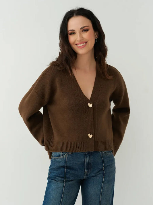 Siena Cardigan by Lauven, cropped chocolate brown knit with heart buttons for women, stylish and cozy layering.