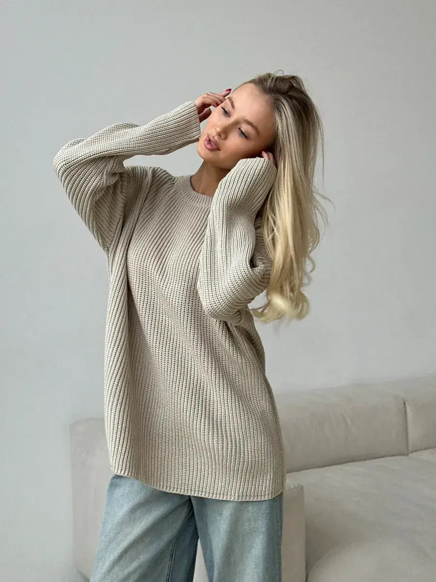 Sierra Sweater by Lauven - Oversized beige knit with crew neck, perfect for stylish layering.