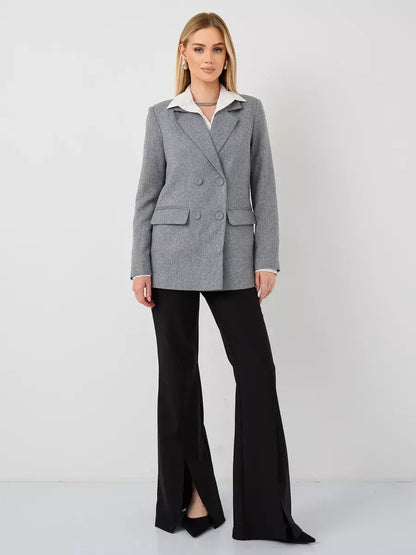 Silverstone Blazer by Lauven, oversize double-breasted gray tailored jacket, perfect for work and formal events.