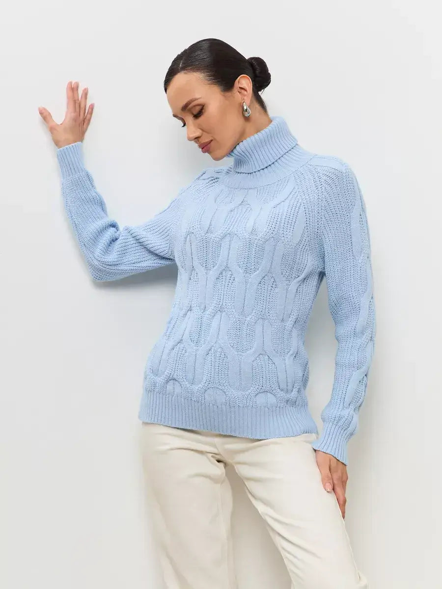 Skyline Knitwear by Lauven - Women's wool-blend turtleneck sweater in soft pastel blue cable-knit design.