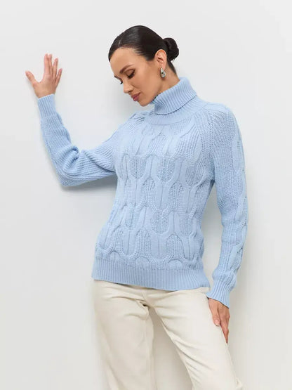 Skyline Knitwear by Lauven - Women's wool-blend turtleneck sweater in soft pastel blue cable-knit design.